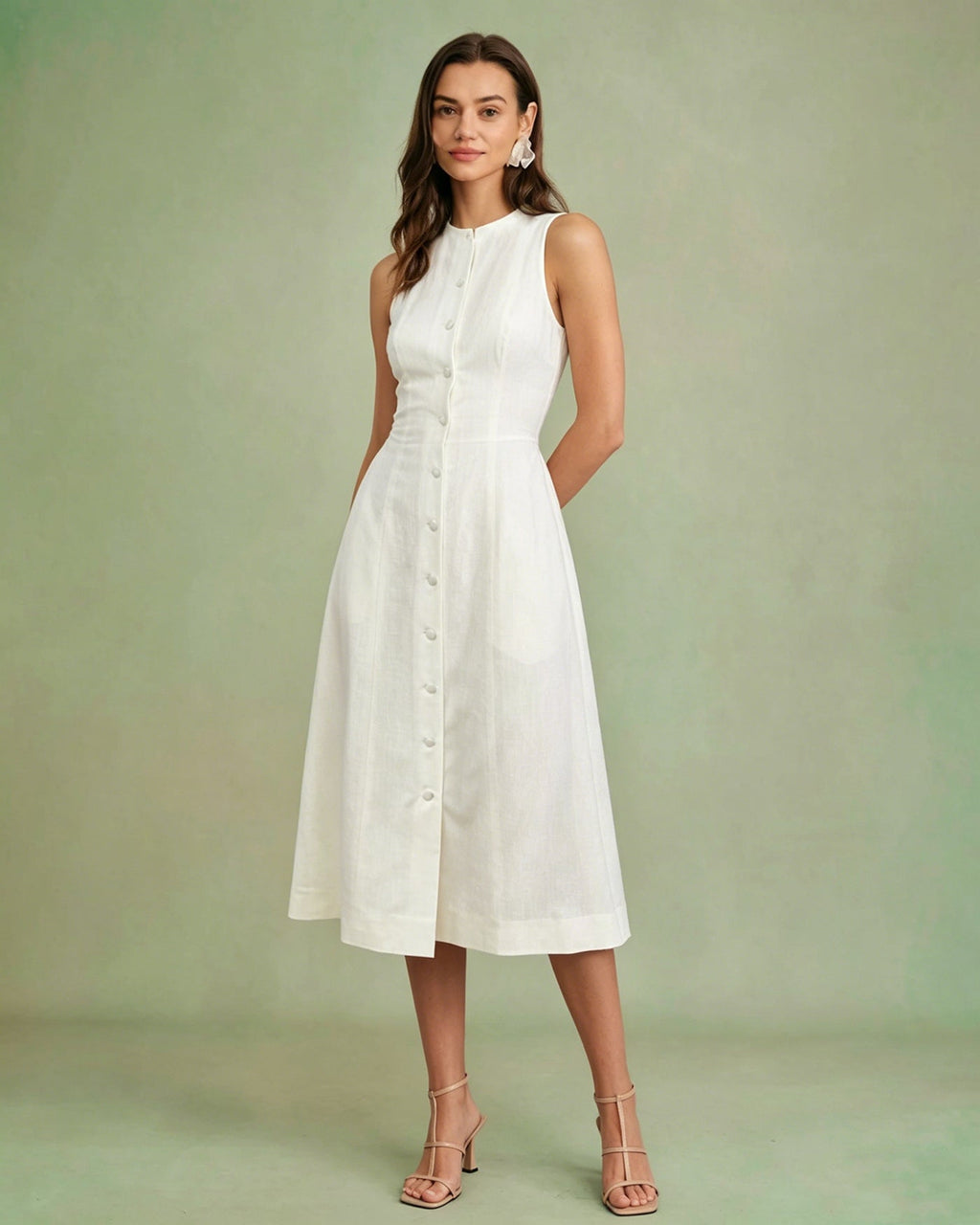 White Button Tie Tunic Midi Dress