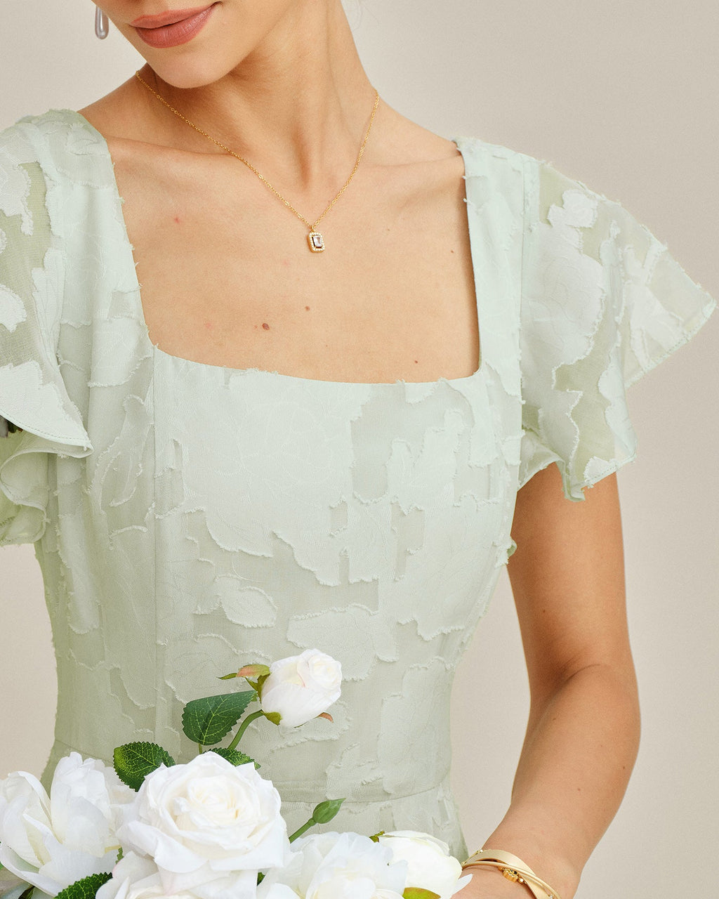 Green Square Neck Floral Textured Midi Dress