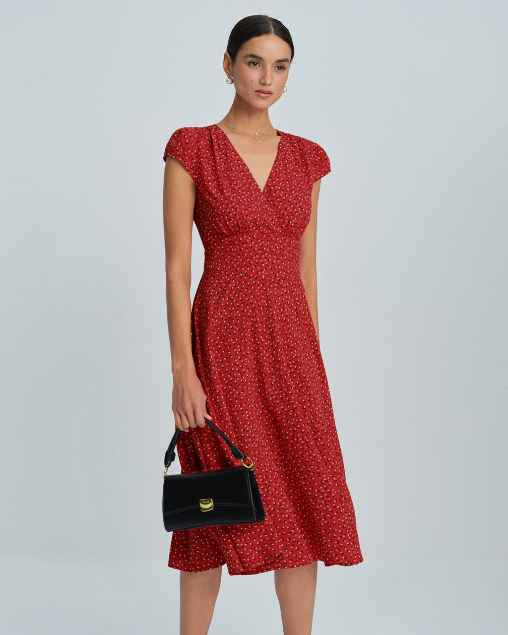 Red Cap Sleeve Floral Midi Dress