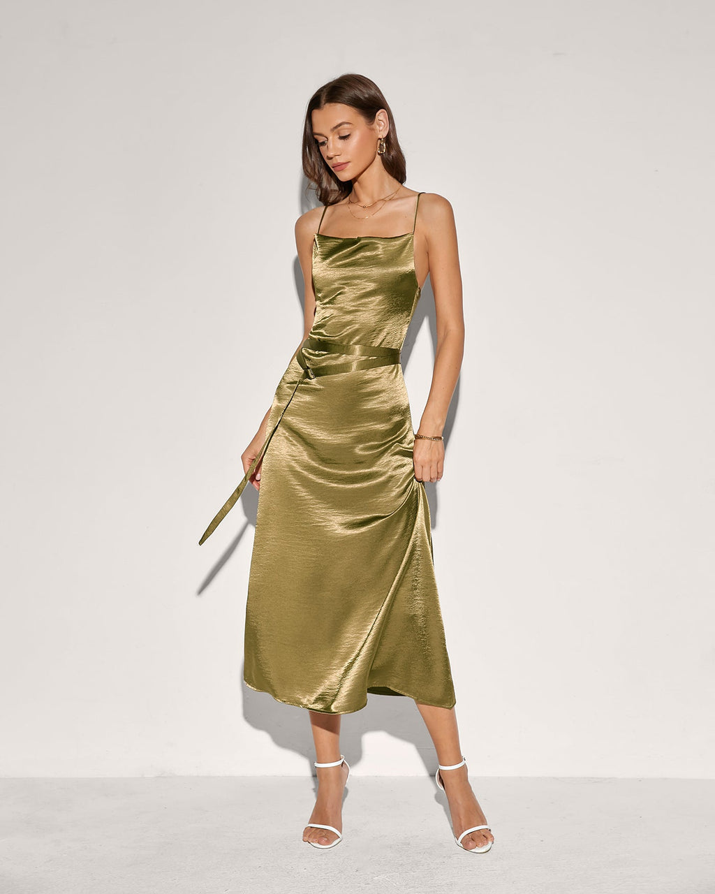 Green Belt Slip Midi Dress