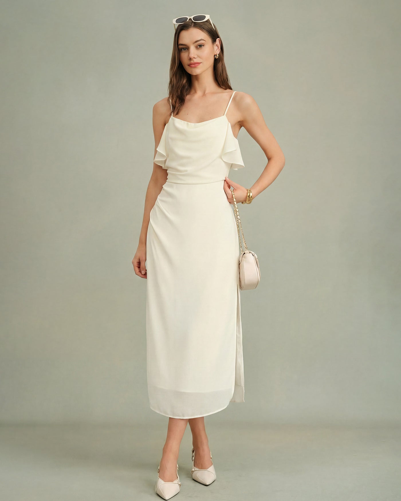 Apricot Ruffle Slip Chiffon Midi Dress