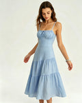 Blue Shirred Slip A-Line Midi Dress