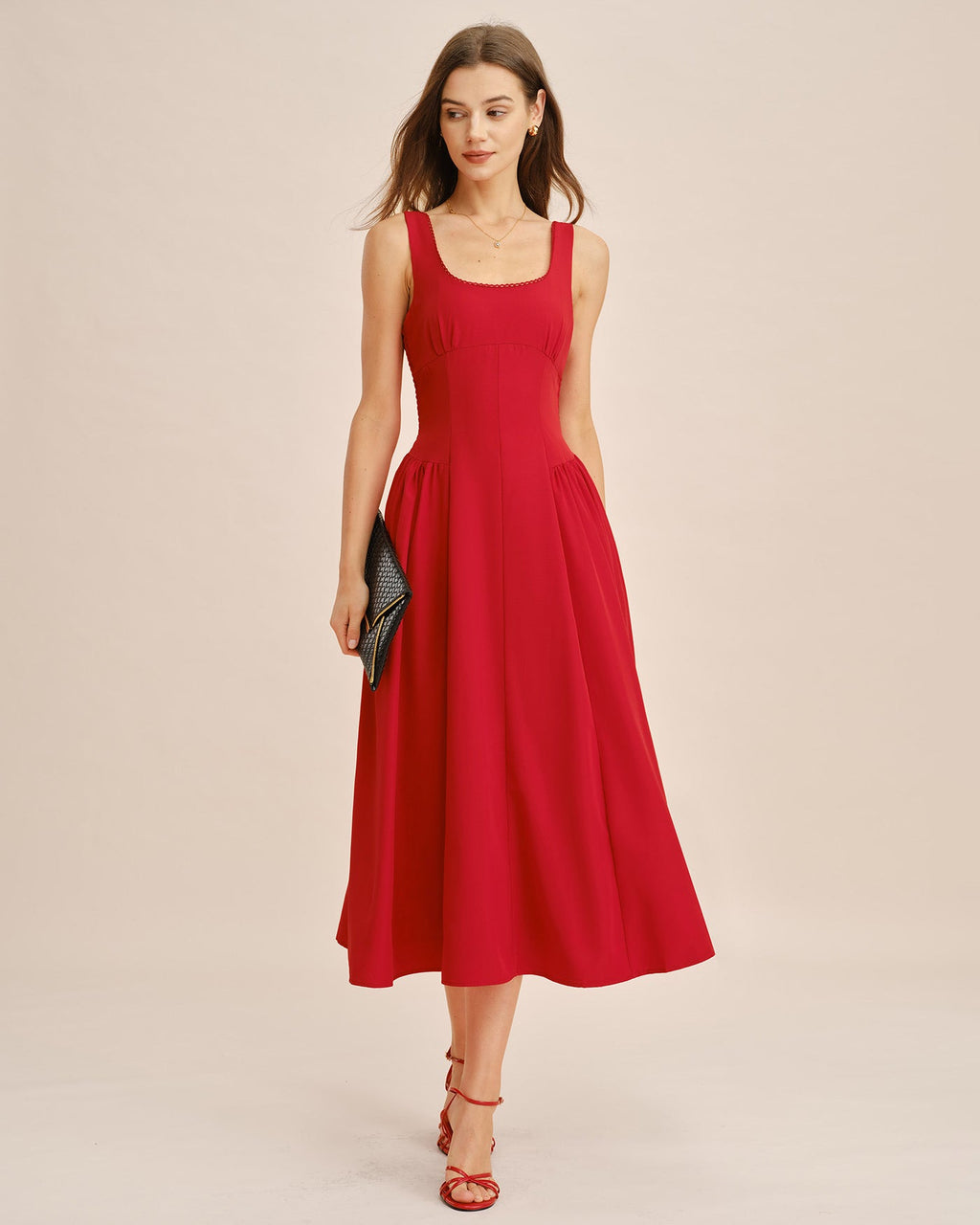 Red Square Neck Sleeveless Midi Dress