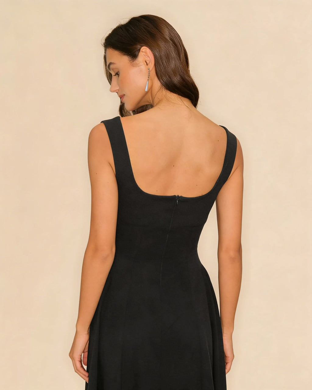Black Solid Zipper Slip Midi Dress