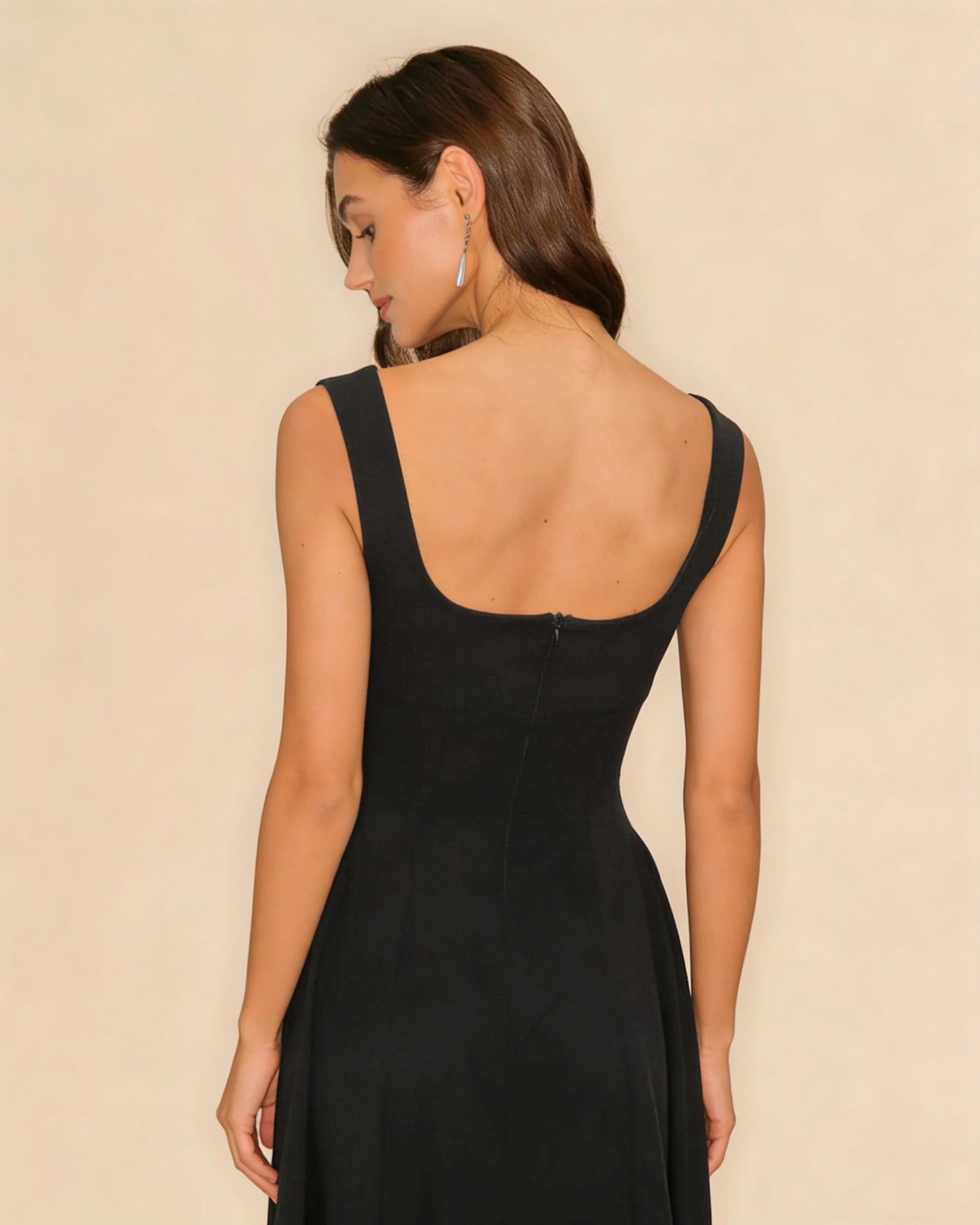 Black Solid Zipper Slip Midi Dress
