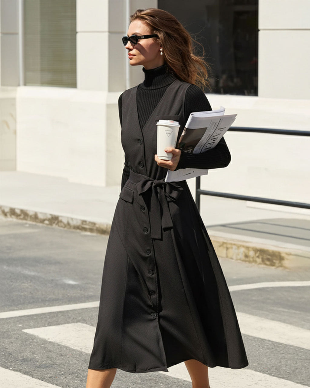 Black V Neck Belted Sleeveless Midi Dress