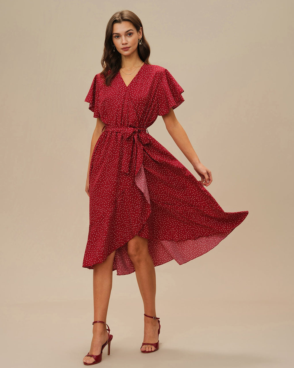 Red Butterfly Sleeve Polka Dot Midi Dress
