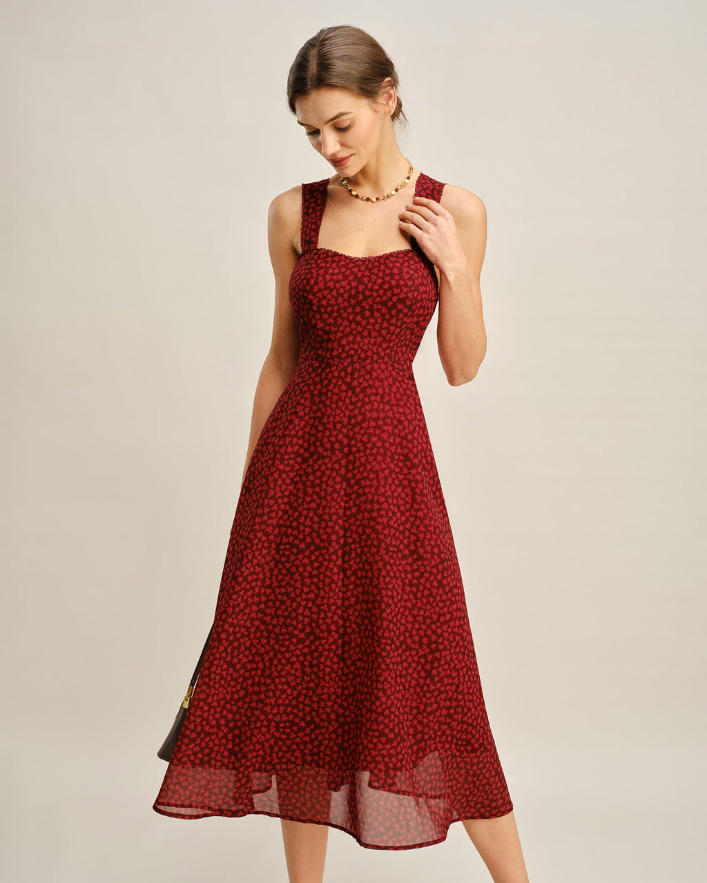Red Sweetheart Neck Floral Midi Dress