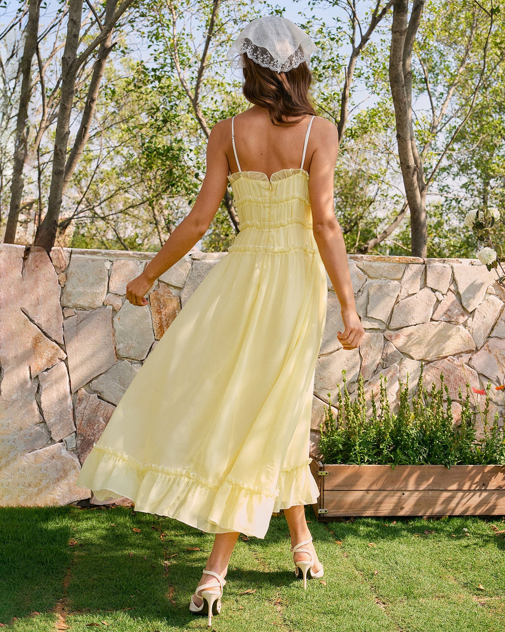 Yellow Sweetheart Neck Ruffle Midi Dress