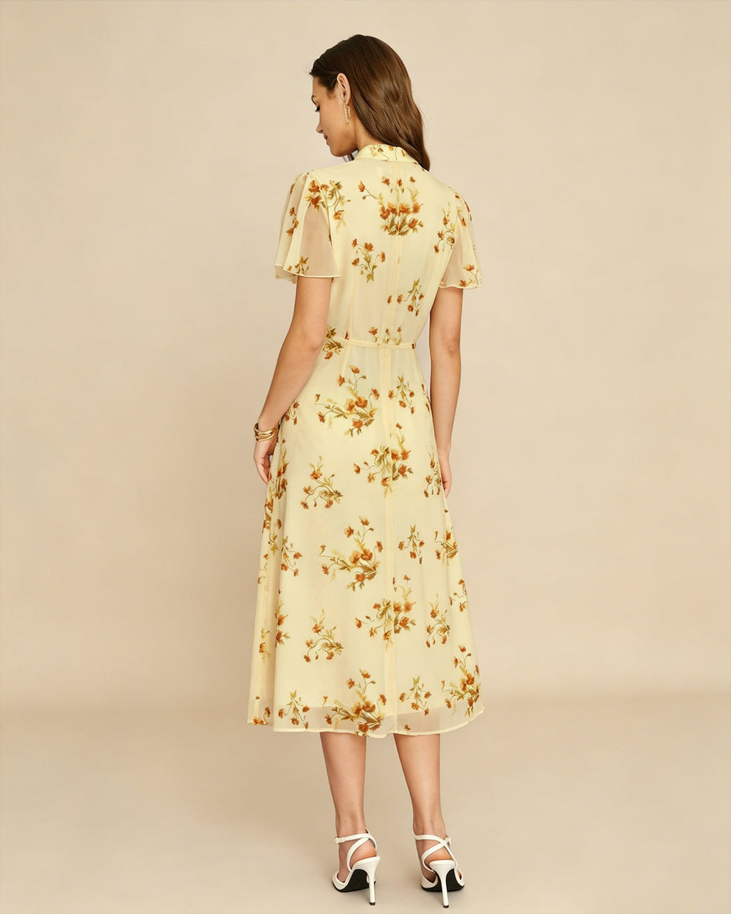 Yellow Turtle Butterfly Sleeve Floral Midi Dress