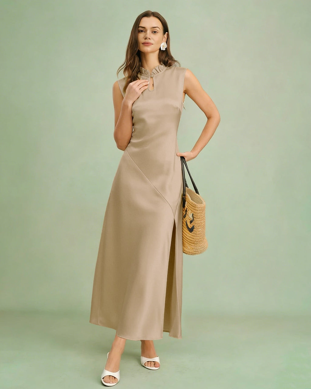 Apricot Ruffled Midi Dress
