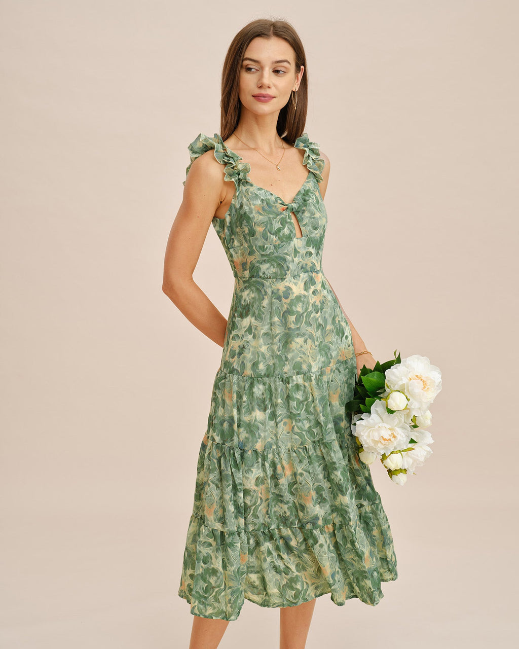 Green Shirred Sleeveless Midi Dress