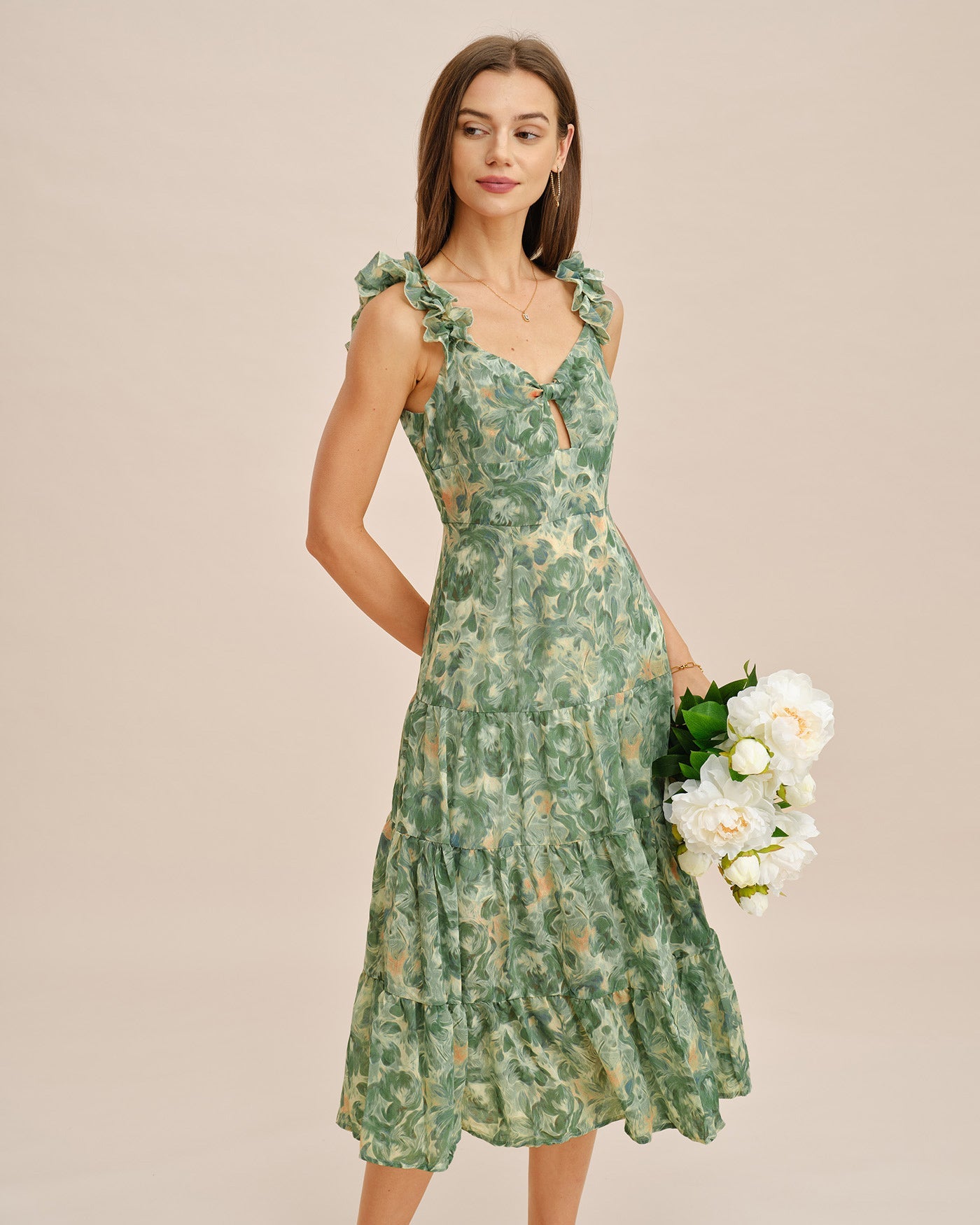 Green Shirred Sleeveless Midi Dress