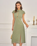 Green Mandarin Collar Chiffon Midi Dress