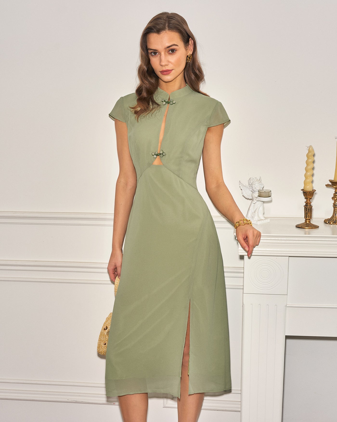Green Mandarin Collar Chiffon Midi Dress