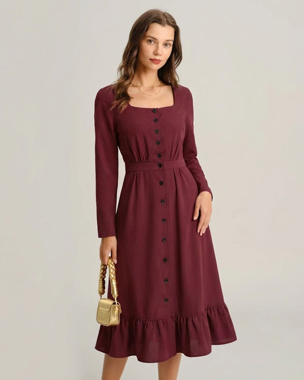 Wine Red Square Neck Button Midi Dress