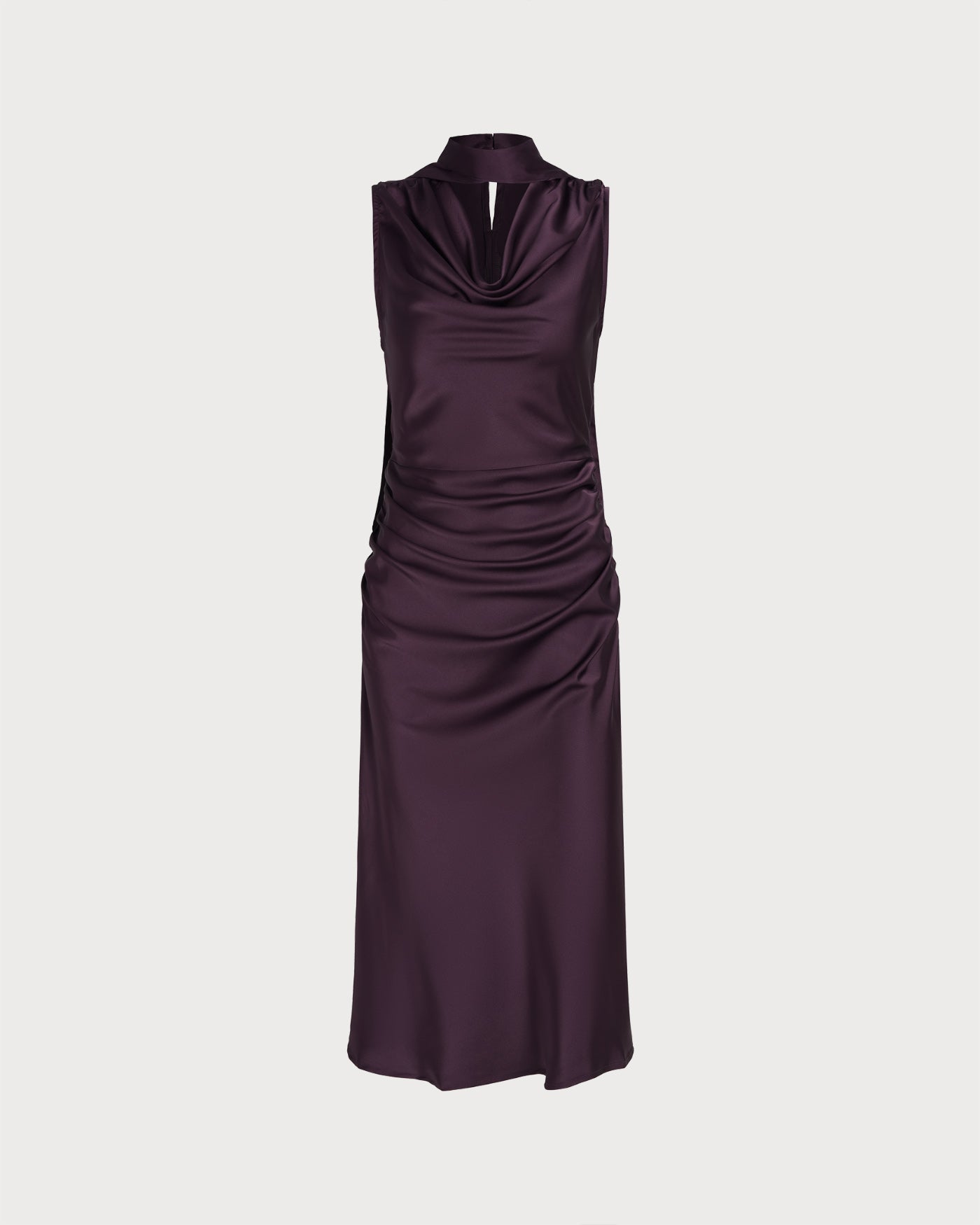 Purple Cowl Neck Mermaid Satin Midi Dress
