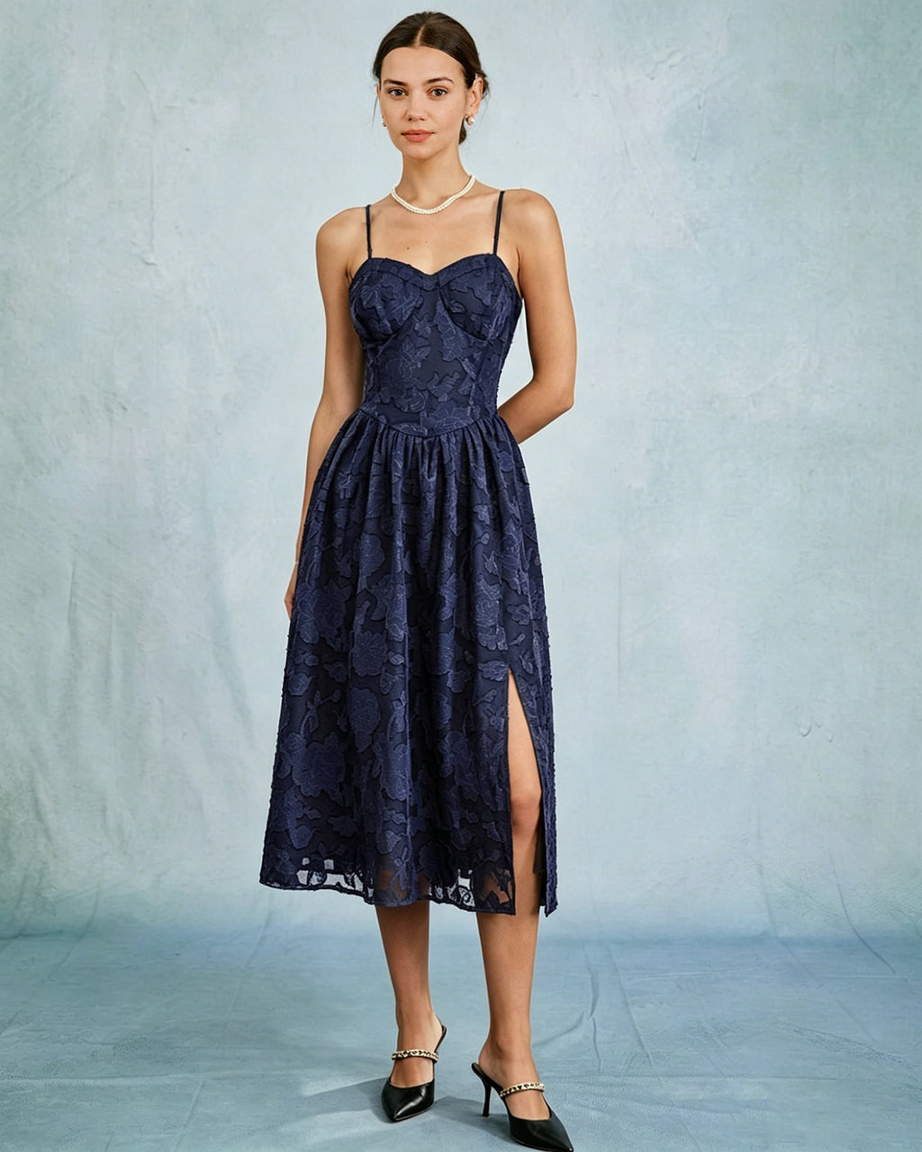 Blue Jacquard A-Line Slip Midi Dress