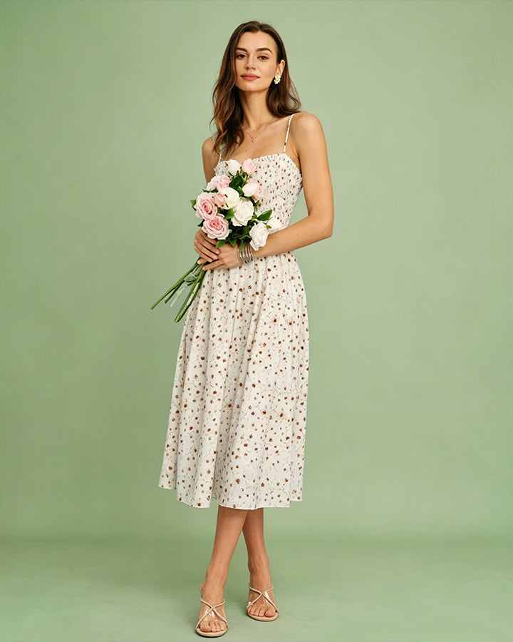 Apricot Floral Shirred Slip Midi Dress