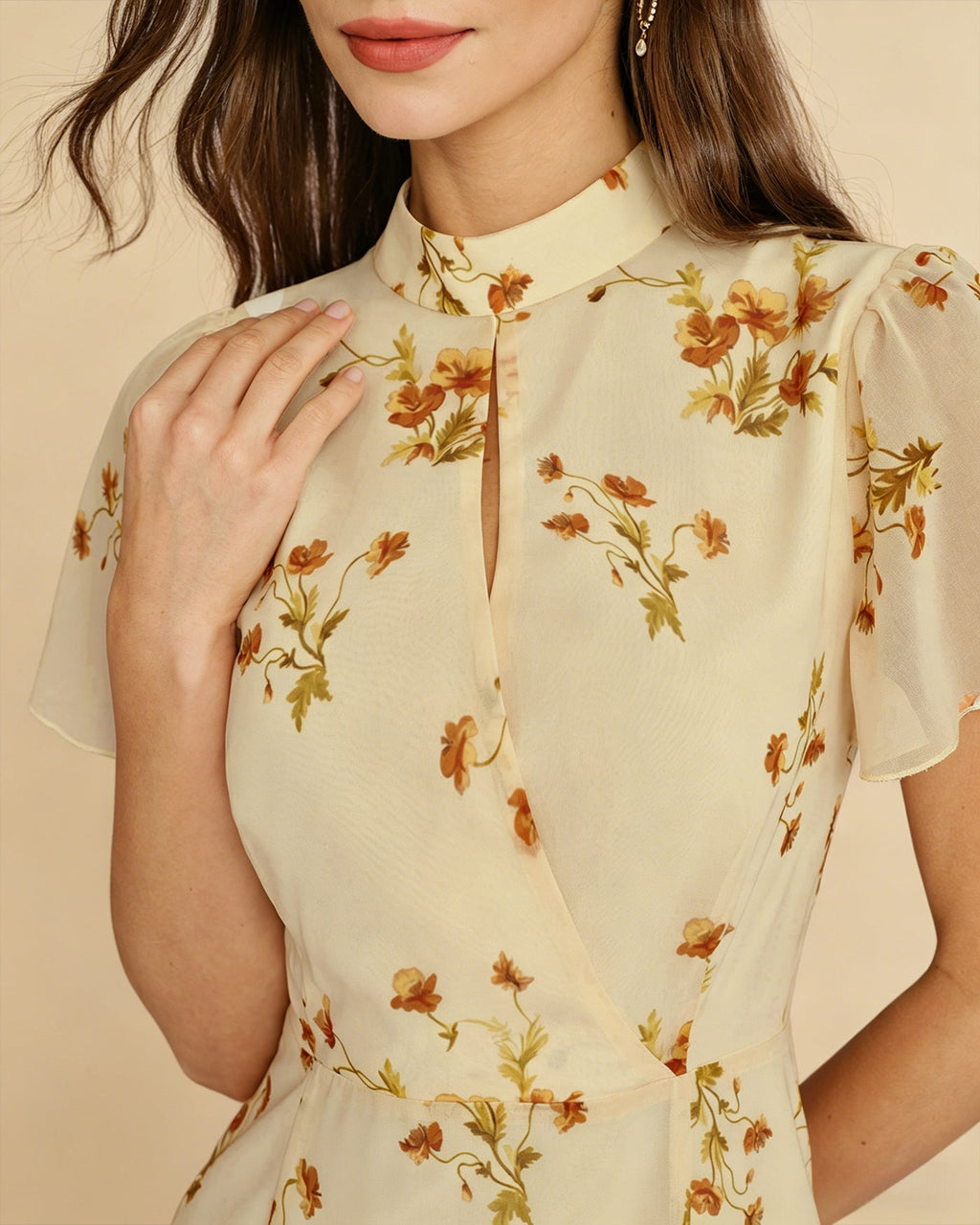 Yellow Turtle Butterfly Sleeve Floral Midi Dress