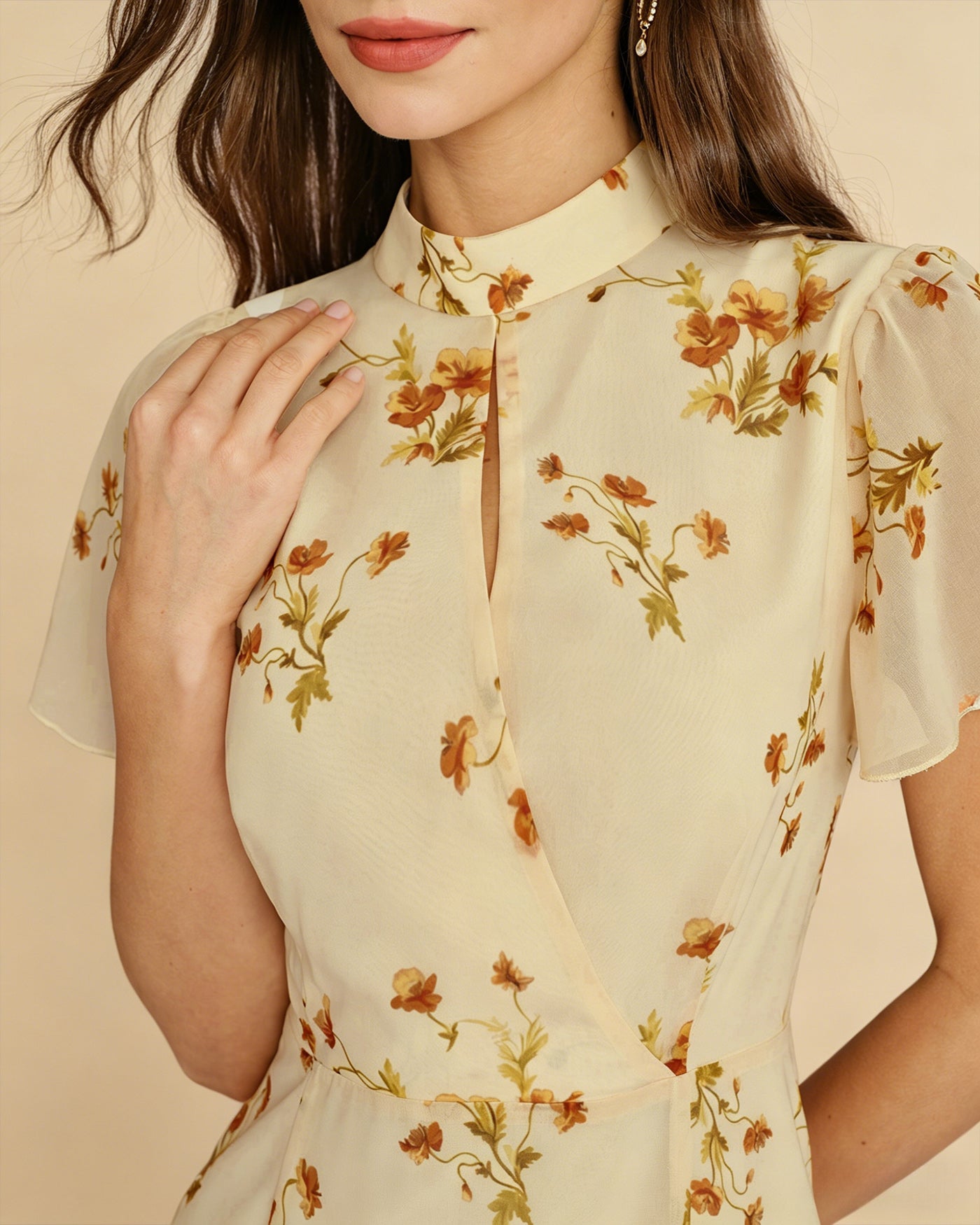 Yellow Turtle Butterfly Sleeve Floral Midi Dress
