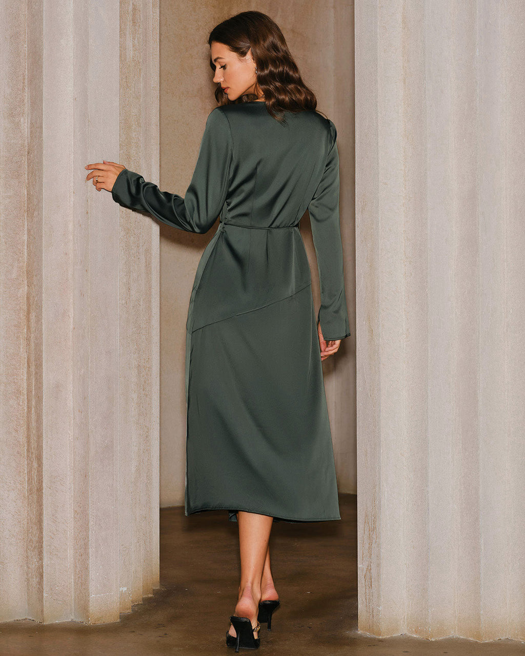 Green Satin Cowl Neck Slit Midi Dress