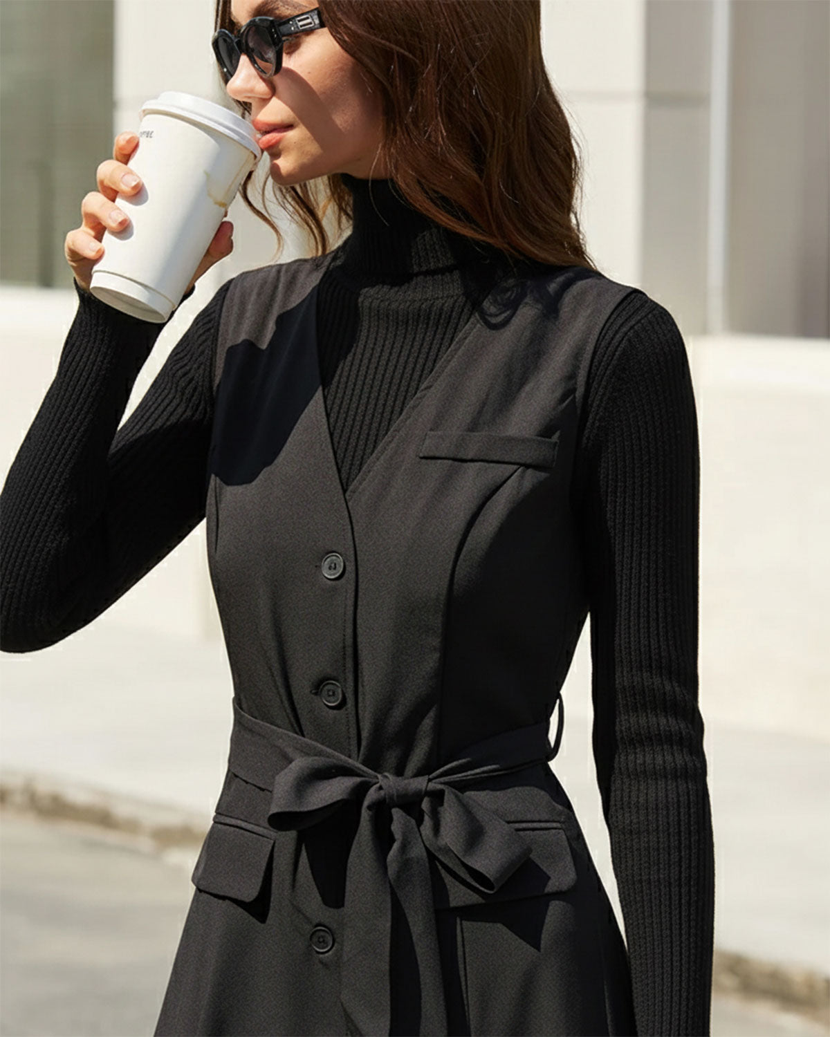 Black V Neck Belted Sleeveless Midi Dress