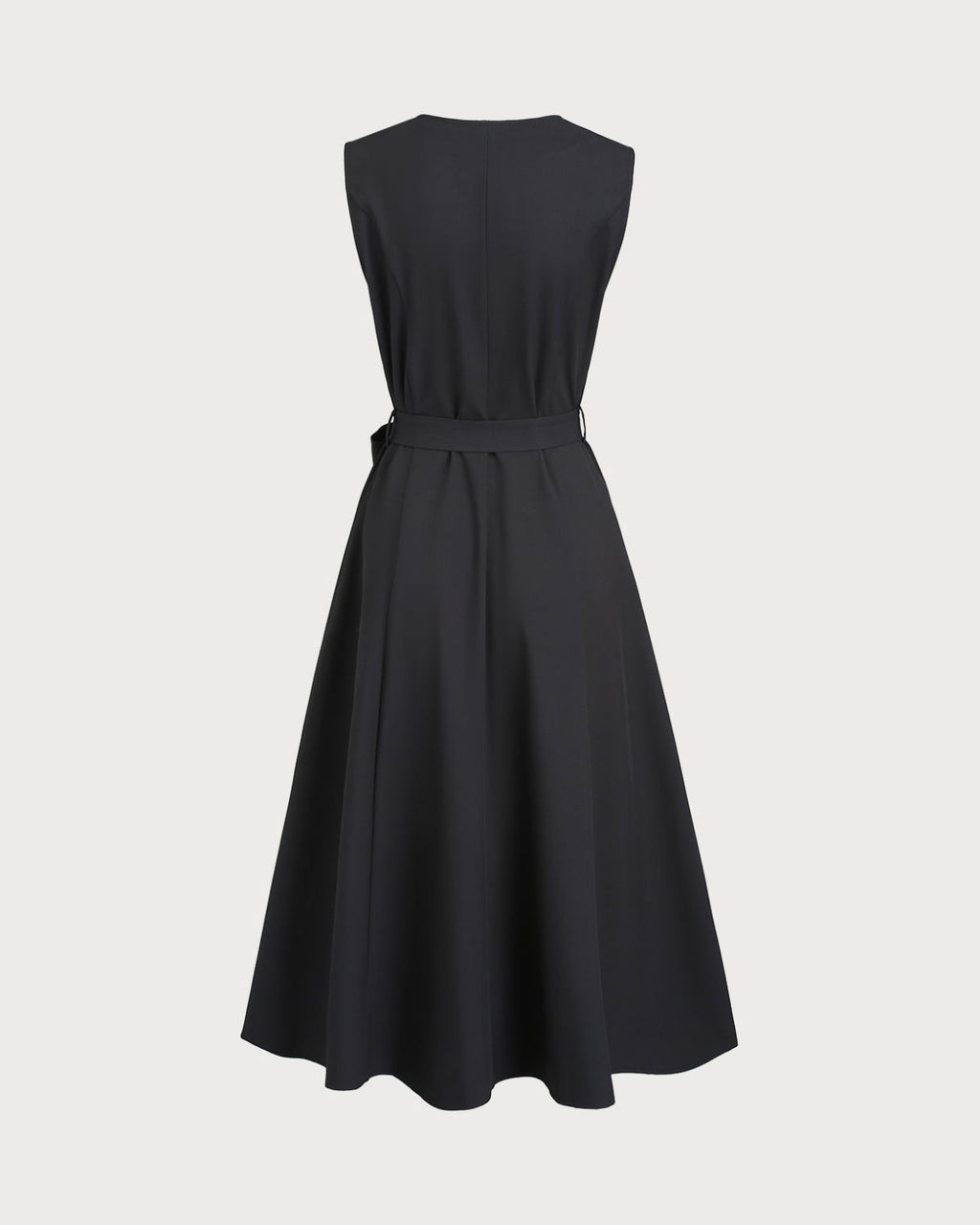 Black V Neck Belted Sleeveless Midi Dress