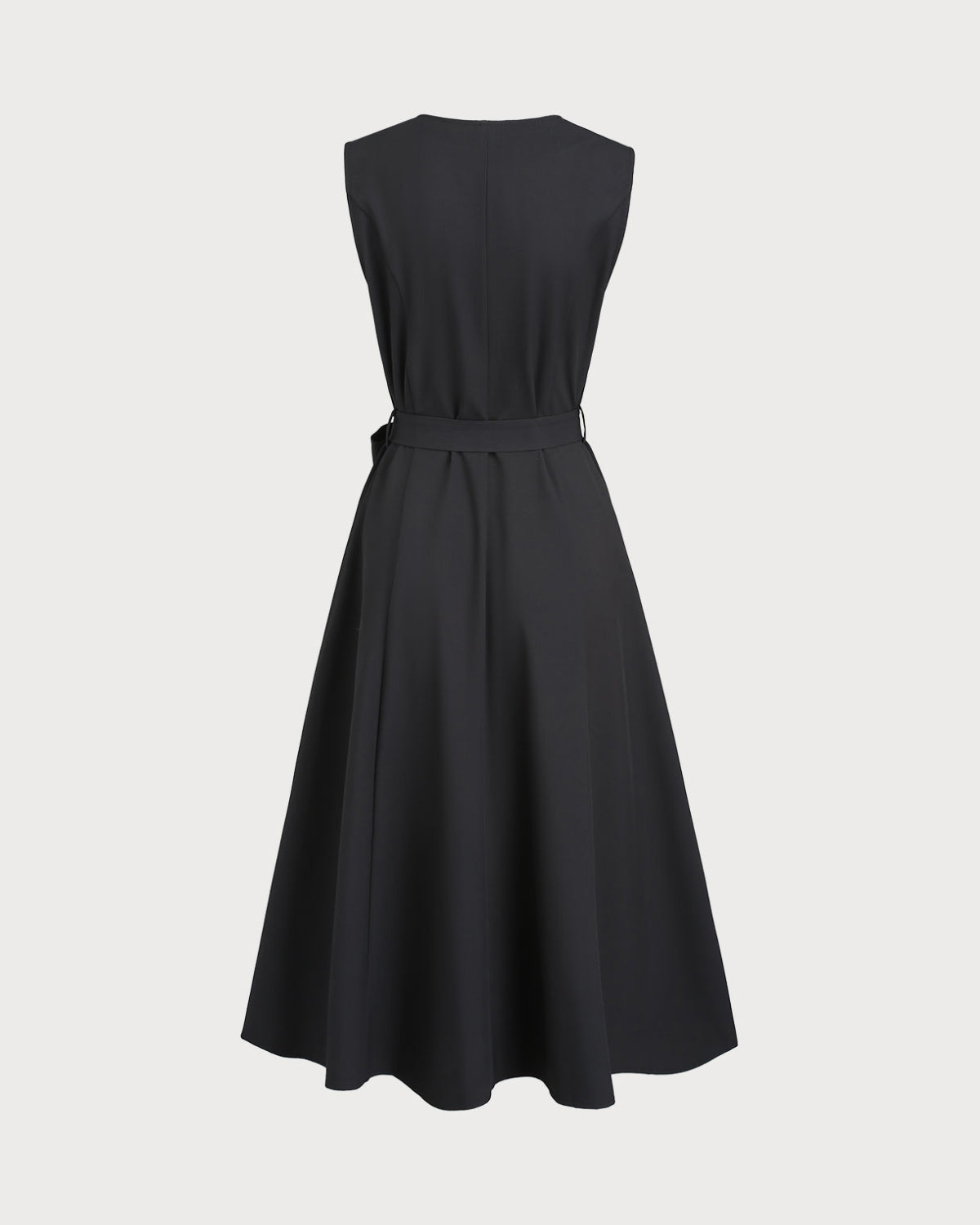 Black V Neck Belted Sleeveless Midi Dress