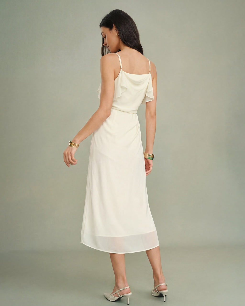 Apricot Ruffle Slip Chiffon Midi Dress