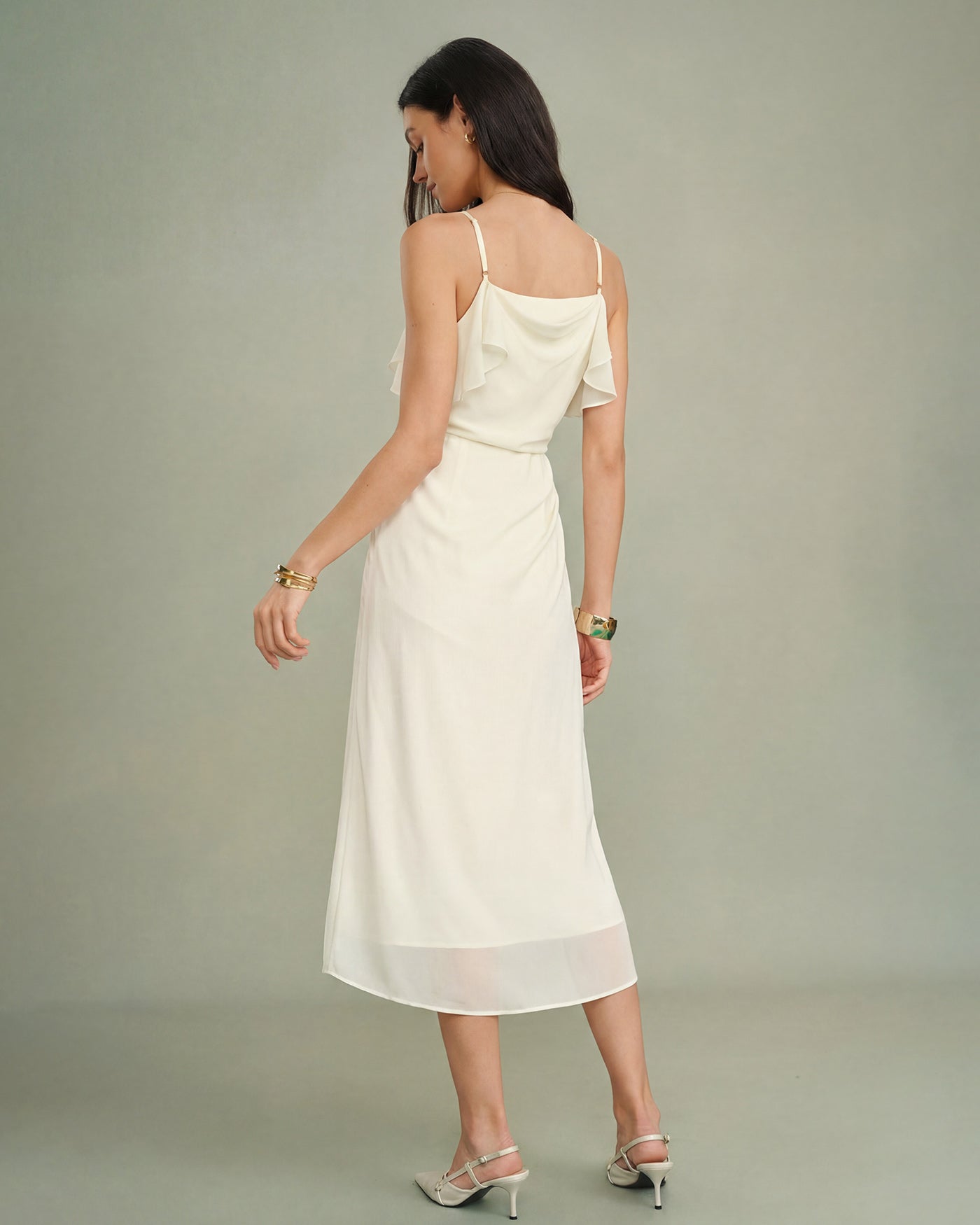Apricot Ruffle Slip Chiffon Midi Dress