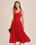 Red Square Neck Sleeveless Midi Dress