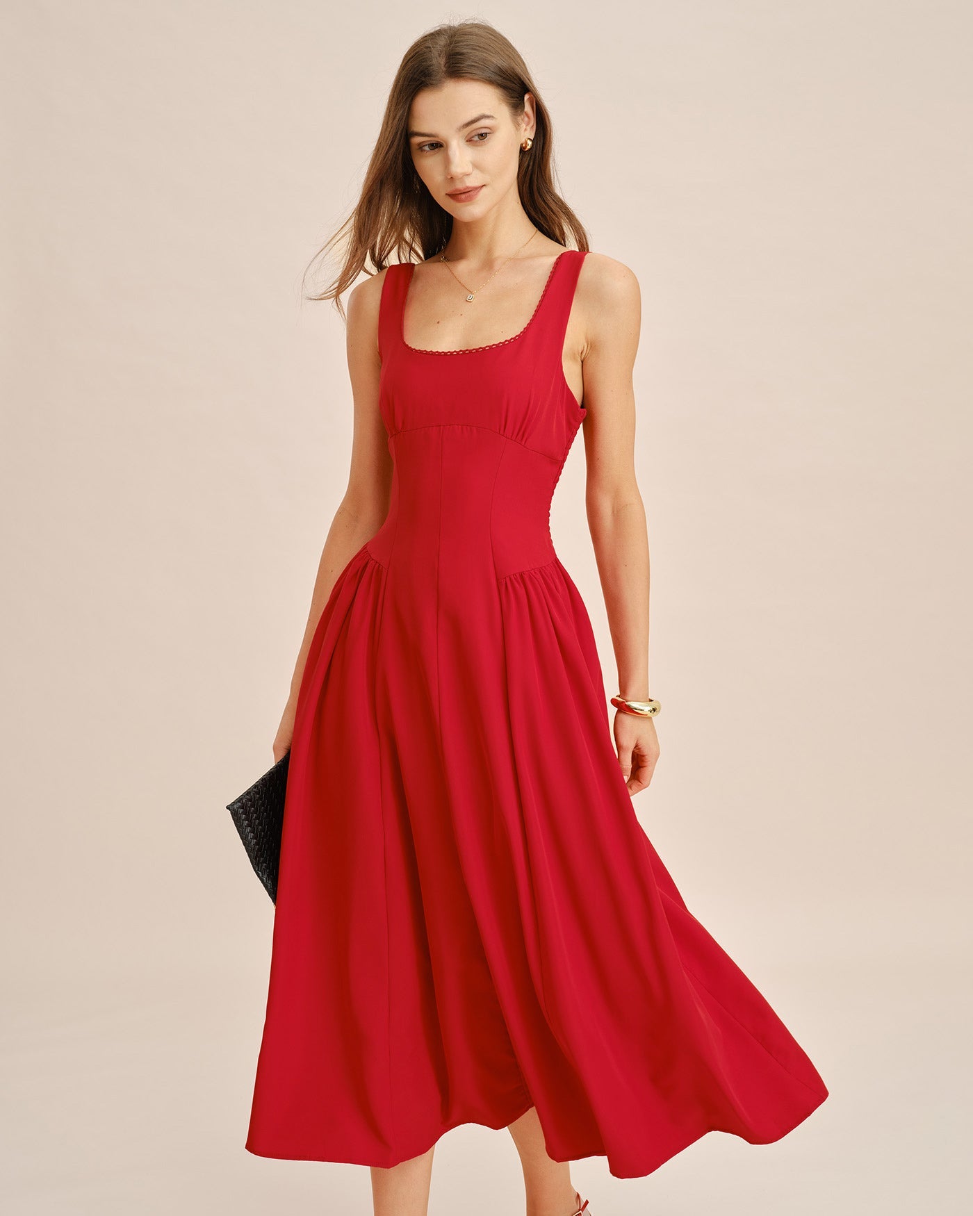 Red Square Neck Sleeveless Midi Dress