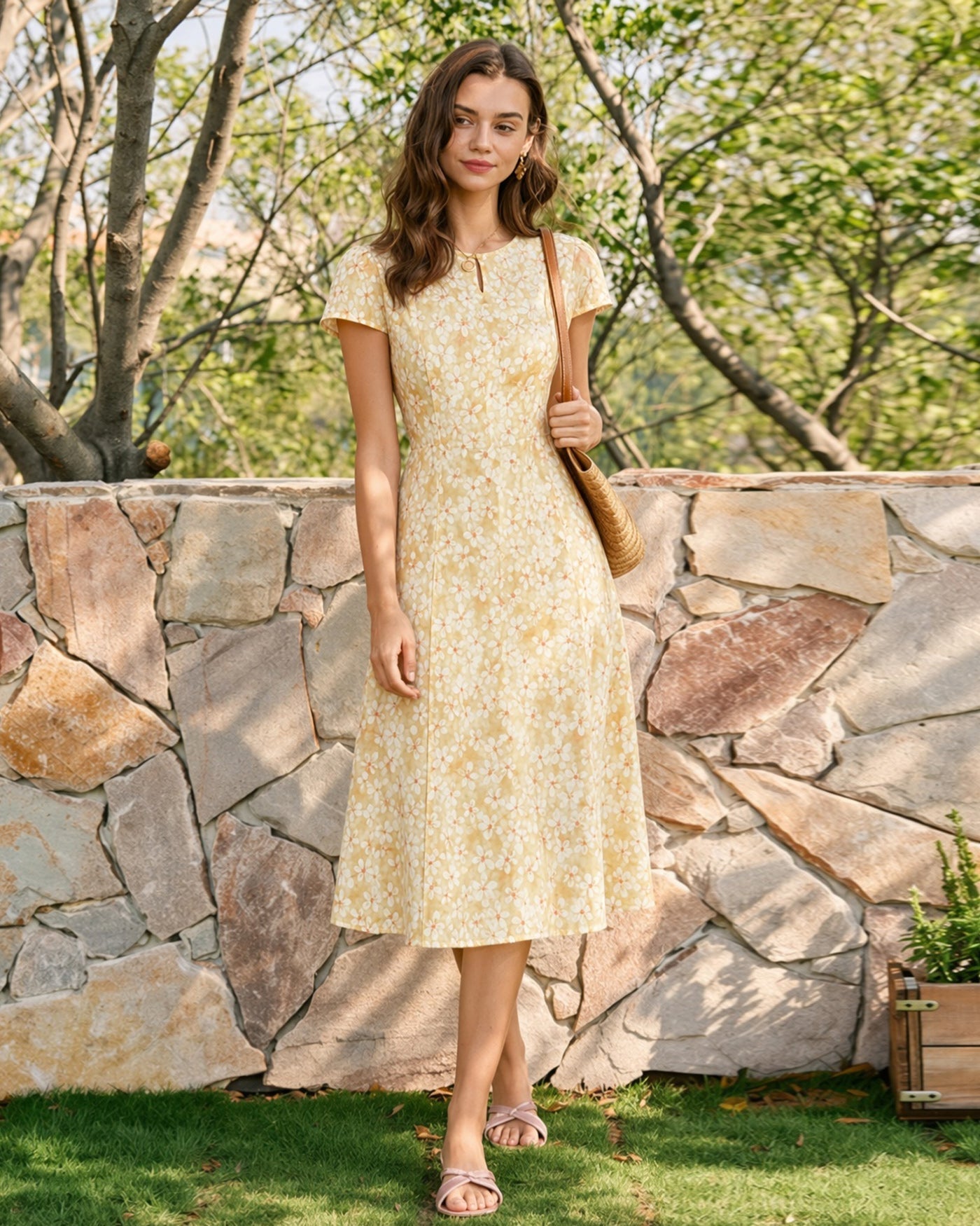 Yellow Cap Sleeve Floral Midi Dress