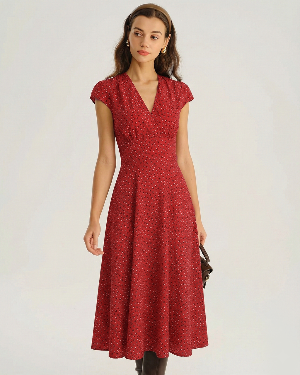 Red Cap Sleeve Floral Midi Dress