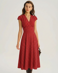 Red Cap Sleeve Floral Midi Dress