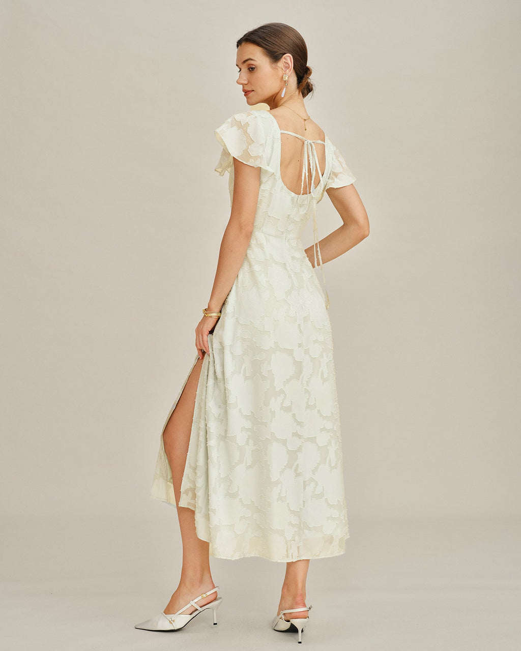 Beige Square Neck Jacquard Midi Dress
