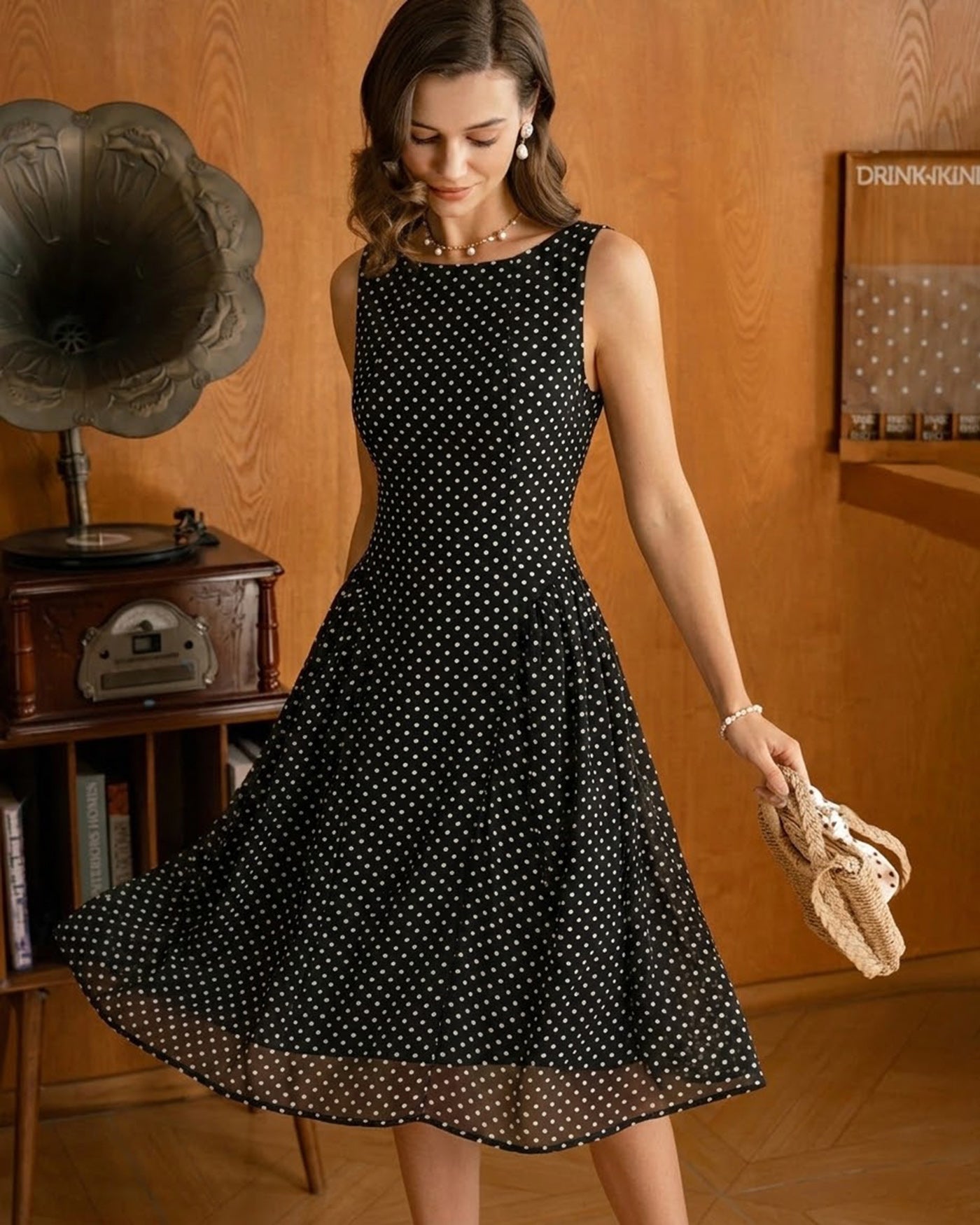 Black Polka Dot Chiffon Midi Dress