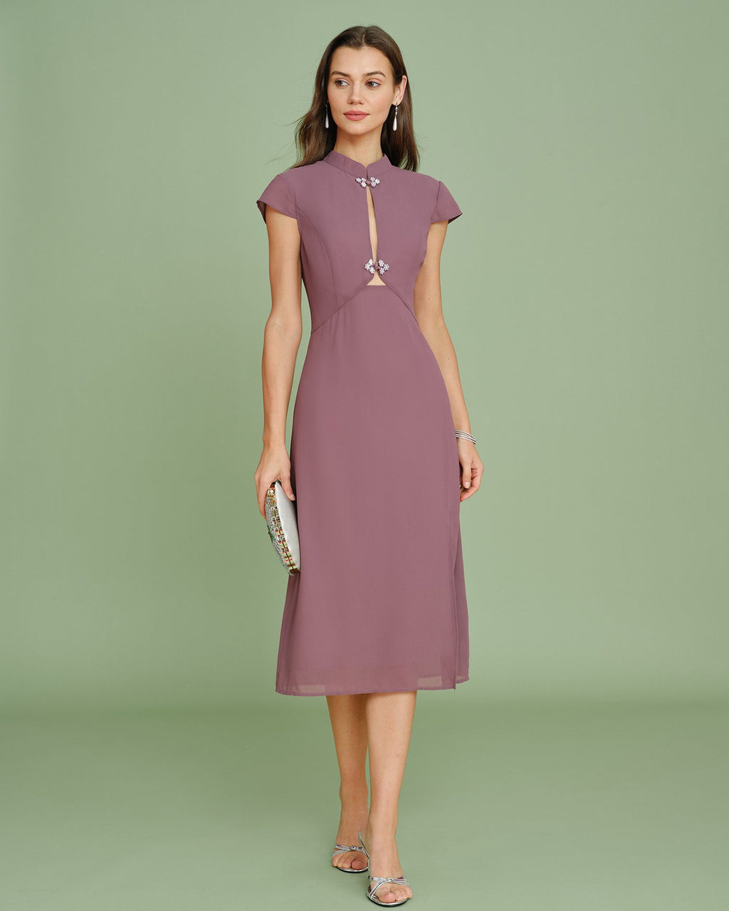 Purple Mandarin Collar Chiffon Midi Dress
