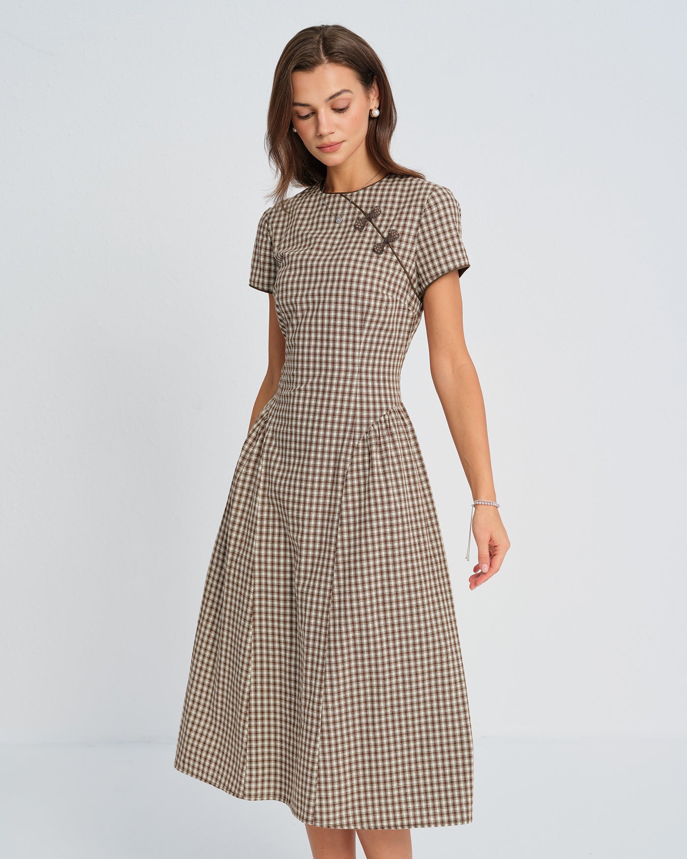 Brown Plaid Round Neck Midi Dress