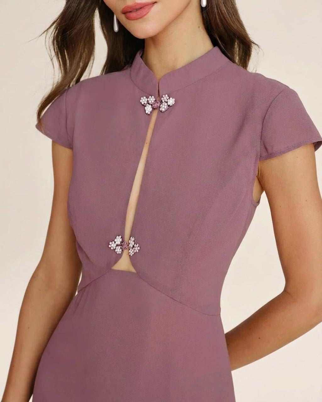 Purple Mandarin Collar Chiffon Midi Dress