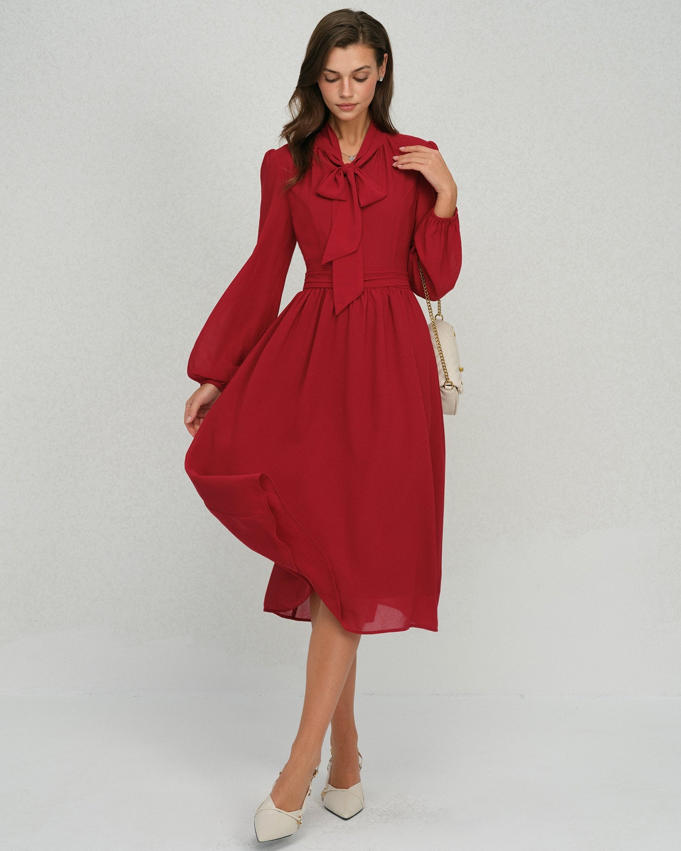 Wine Red Lantern Sleeve Chiffon Midi Dress