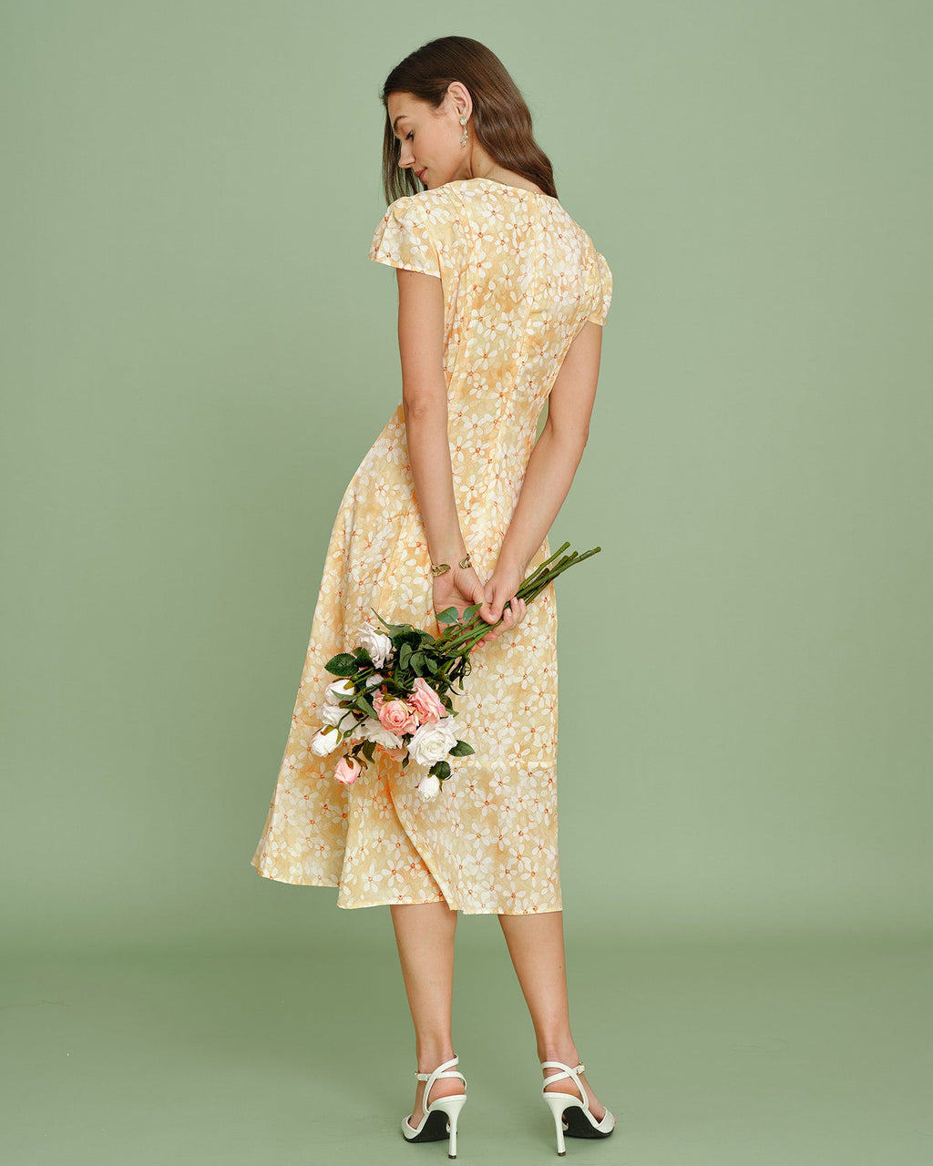 Yellow Cap Sleeve Floral Midi Dress