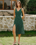 Green V Neck Floral Midi Dress