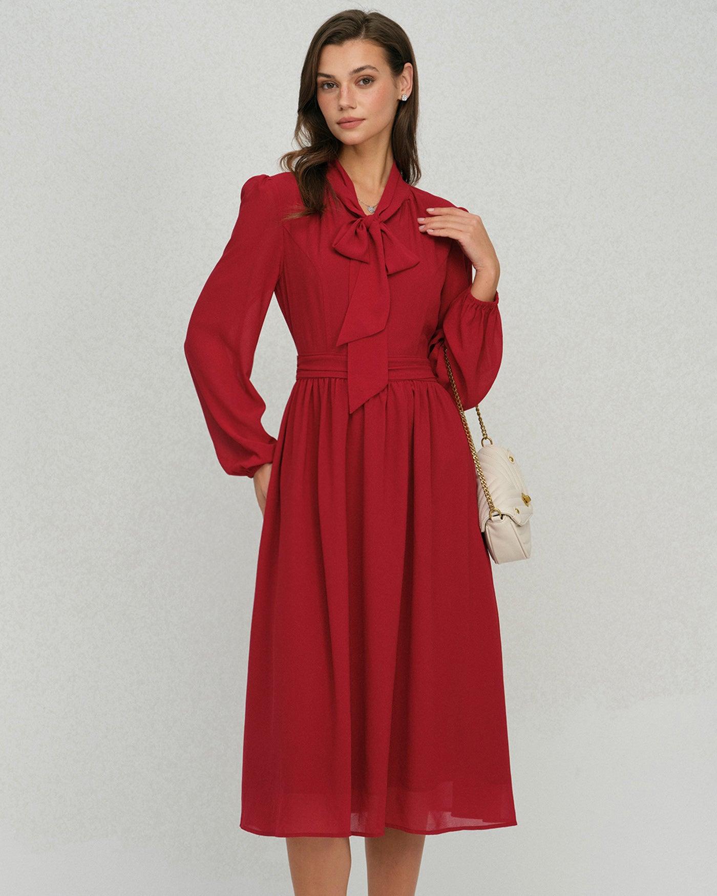 Wine Red Lantern Sleeve Chiffon Midi Dress
