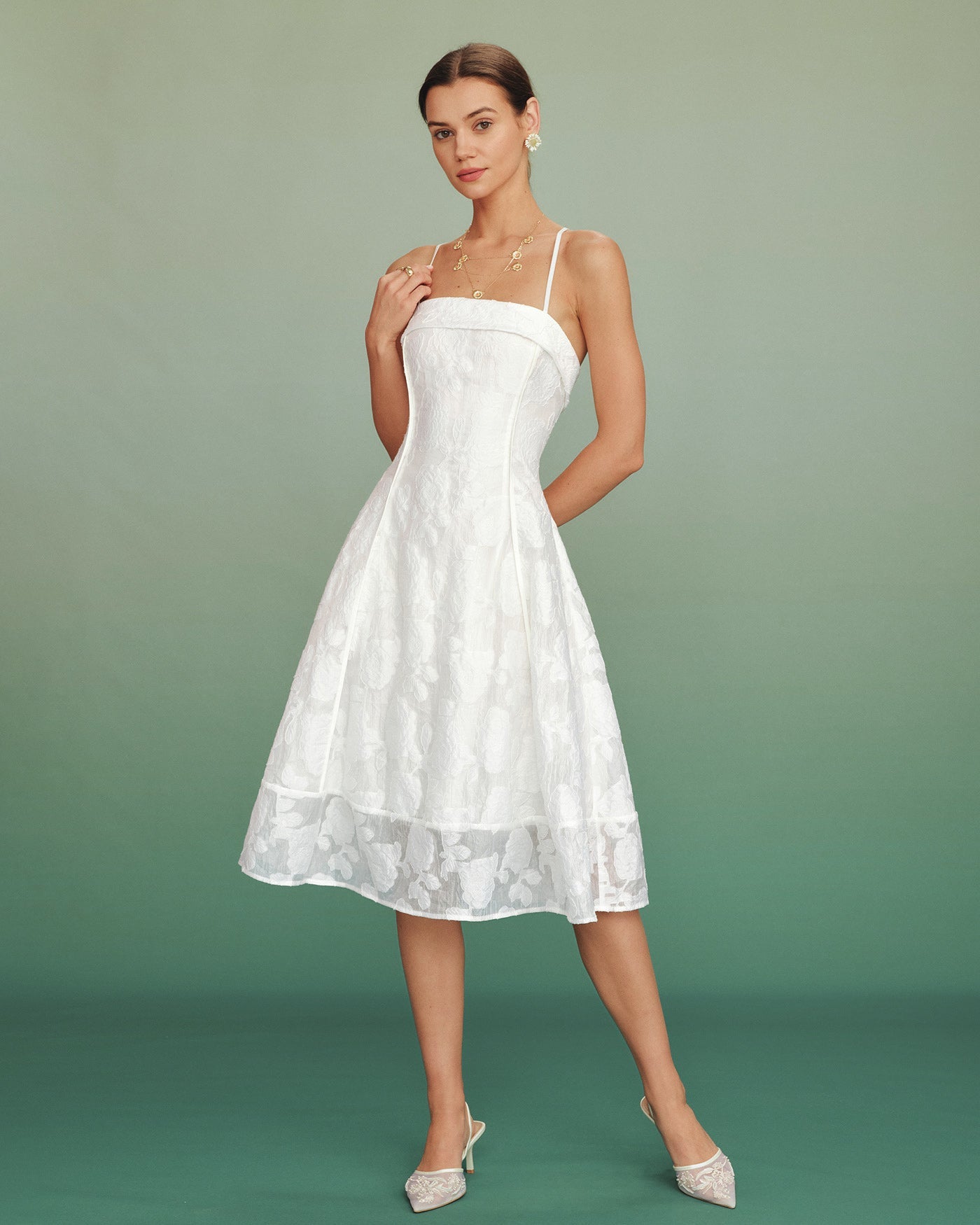 White Square Neck Jacquard Slip Midi Dress