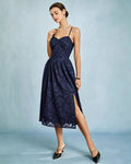 Blue Jacquard A-Line Slip Midi Dress