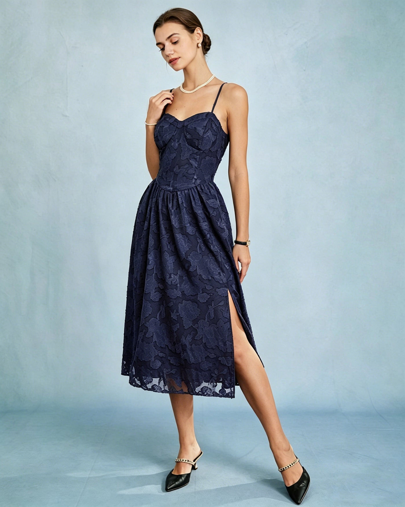 Blue Jacquard A-Line Slip Midi Dress