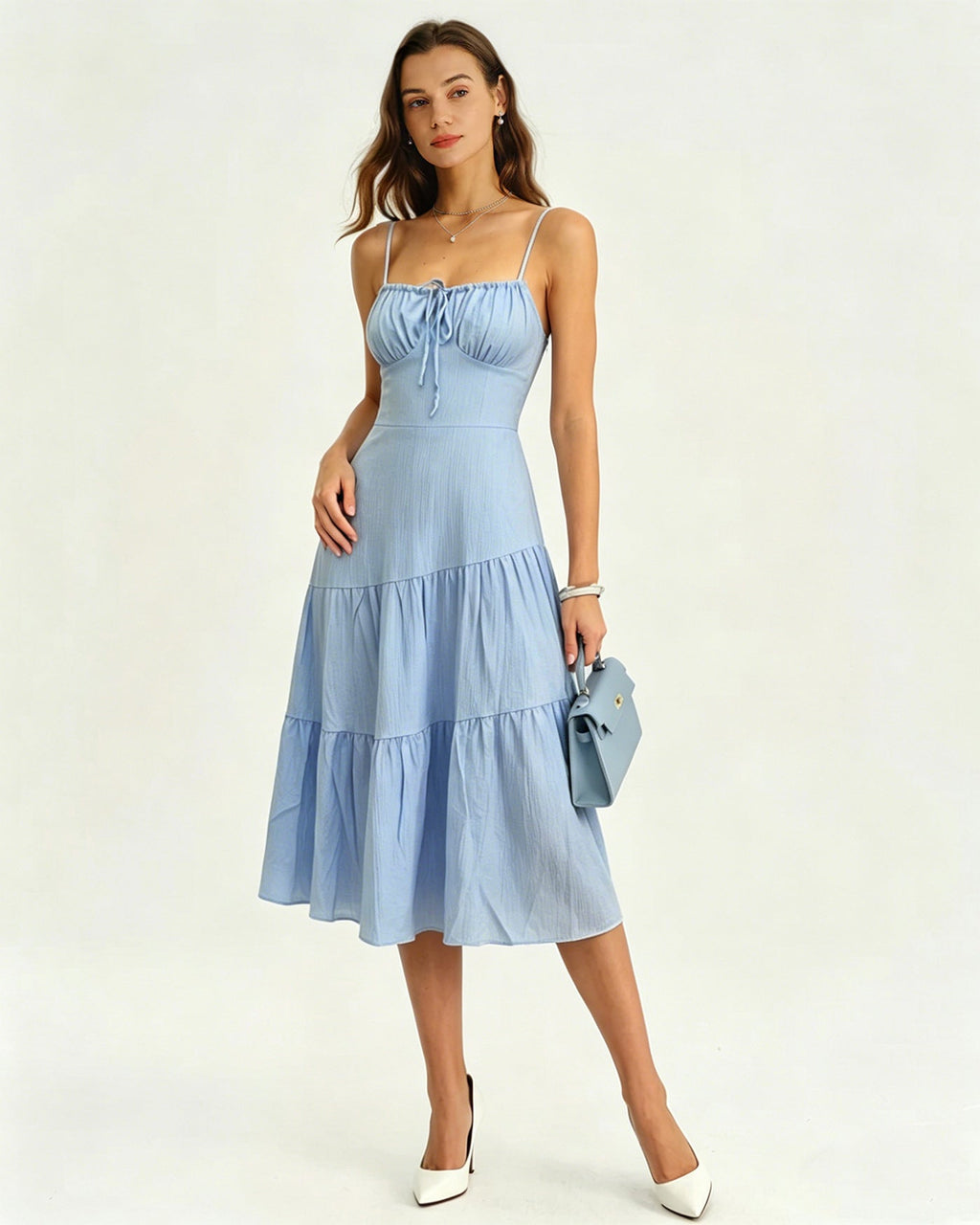 Blue Shirred Slip A-Line Midi Dress