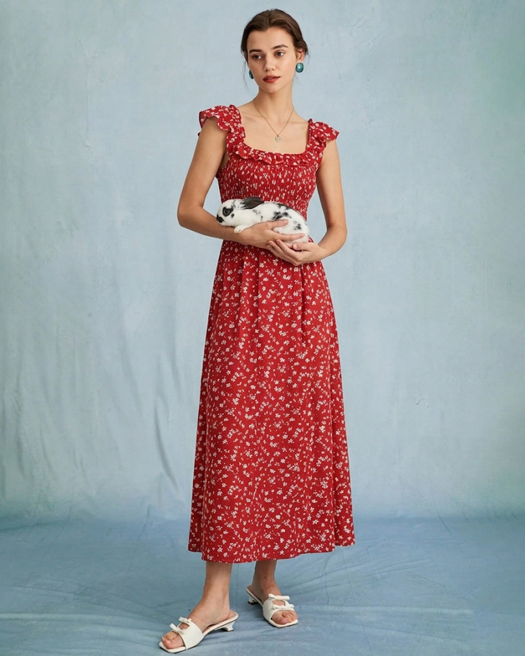 Red Square Neck Floral Midi Dress